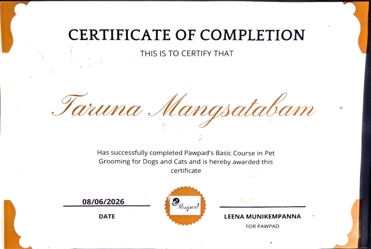 Pawpad certificate of completion for Taruna Mangsatabam: Basic Course in Pet Grooming for Dogs and Cats