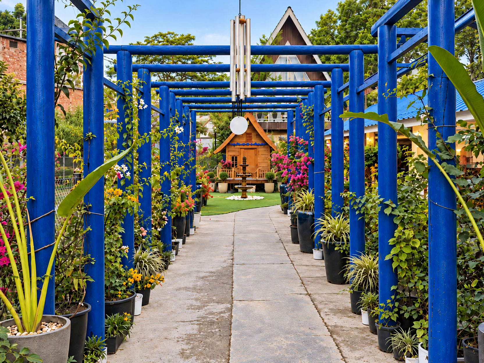 The long cobalt pergola walk, lined with potted plants and climbing flowers, leading to the timber cottage, the fountain and the A-frame