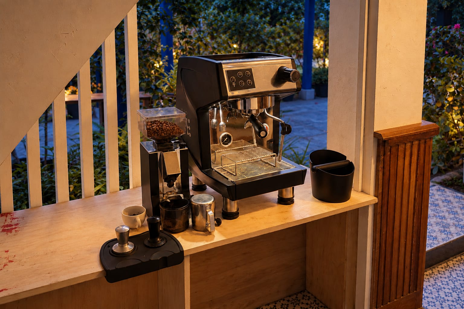 The espresso machine, grinder and tampers on the café's wooden counter