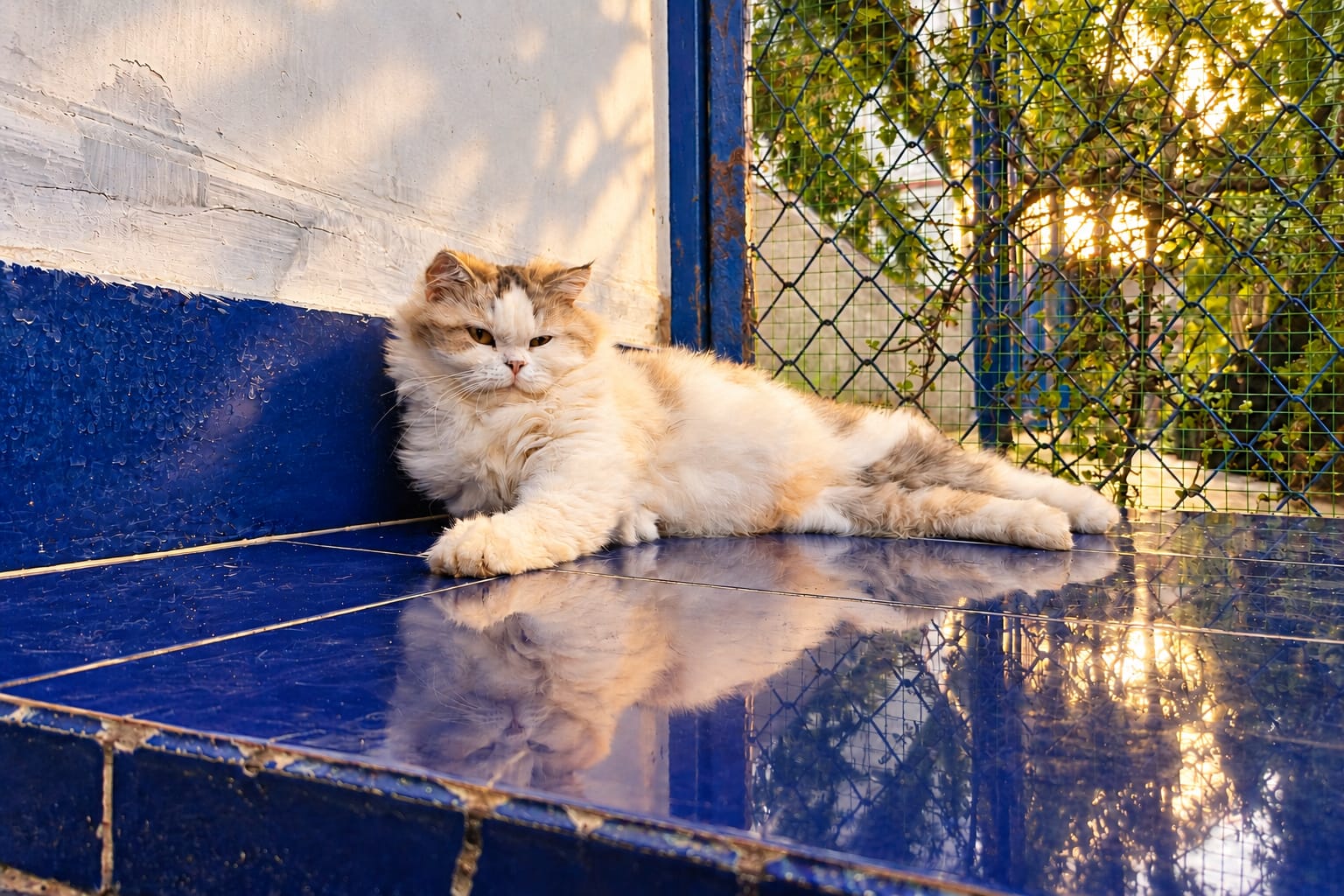 A long-haired calico cat stretched out on the blue-tiled ledge