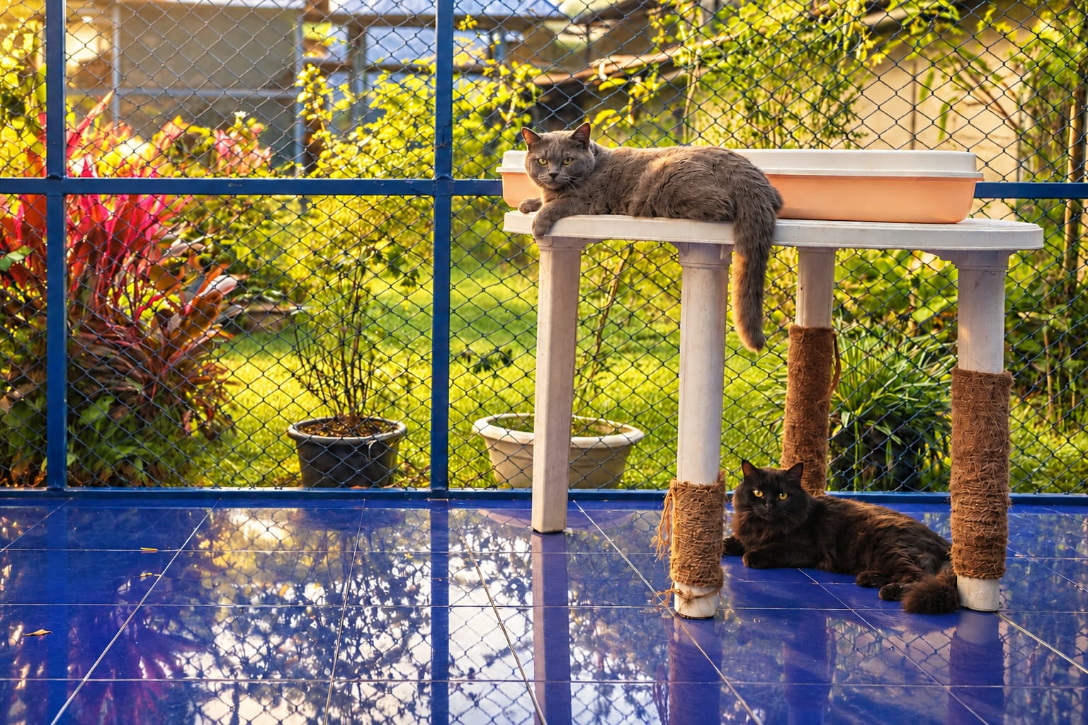 A grey cat resting on a raised platform, a dark cat beneath it on the blue tiles