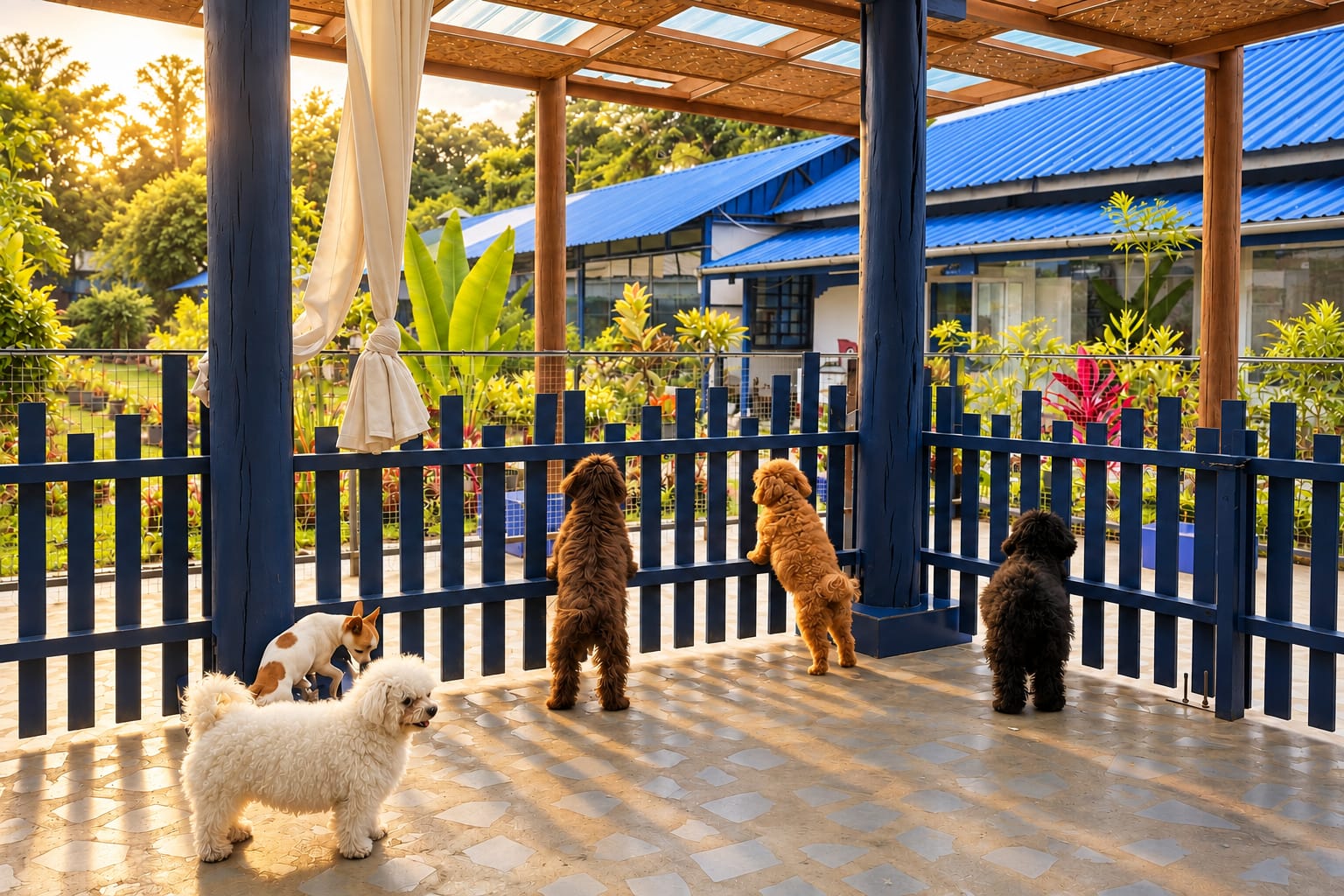 Five small dogs on the covered blue deck, most of them up at the cobalt railings looking out at the garden