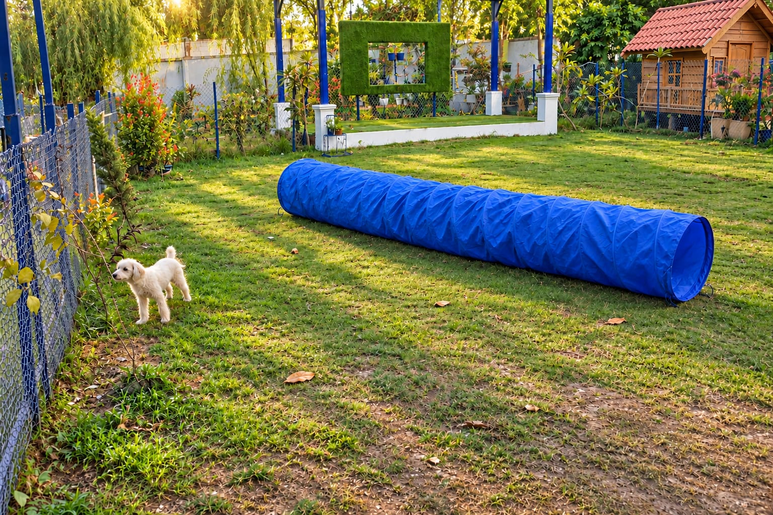 A small white curly dog on the lawn beside a long blue agility tunnel, inside the fenced play area