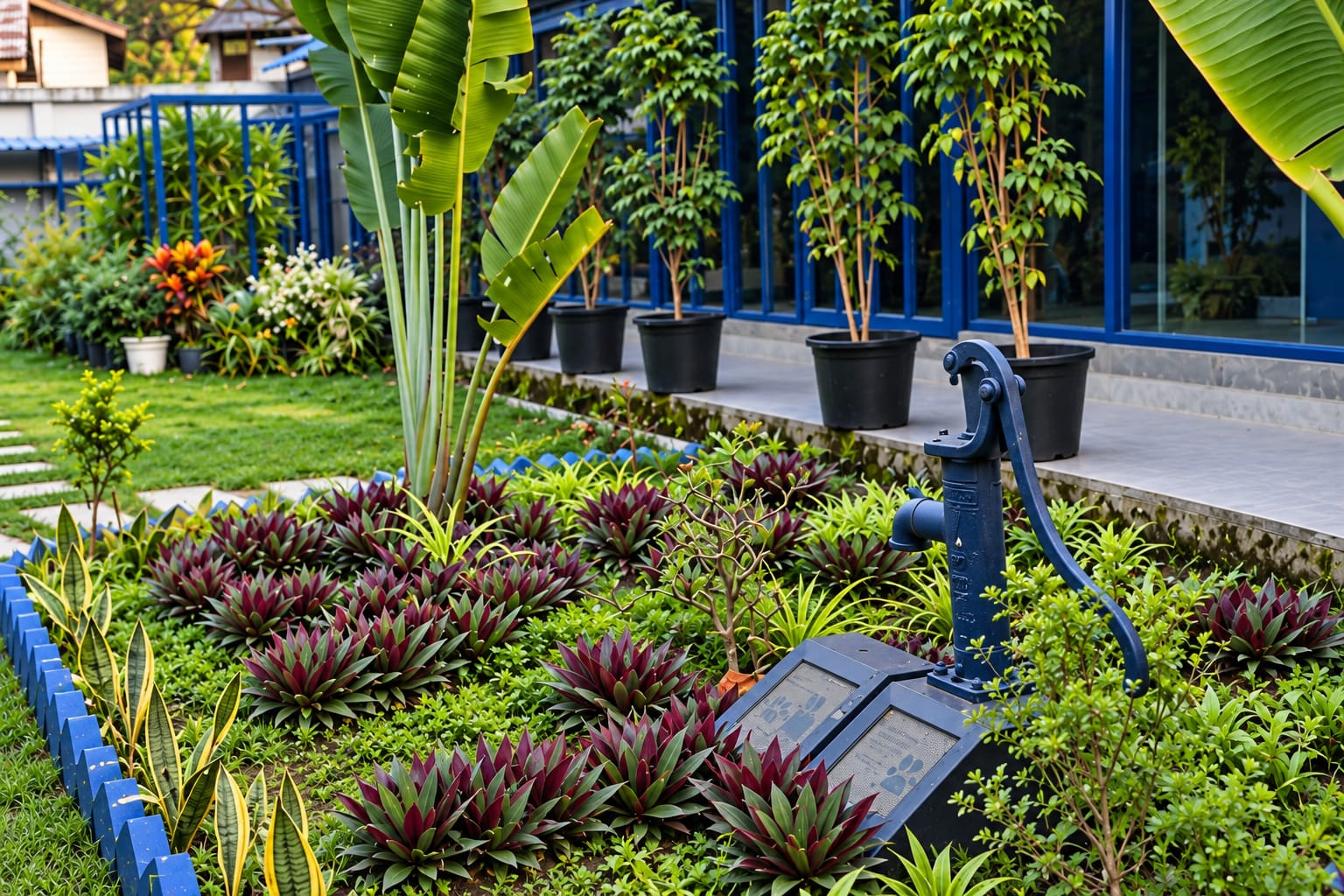 A planted bed with a blue hand pump and stepping stones, by potted trees along the blue-framed glass building