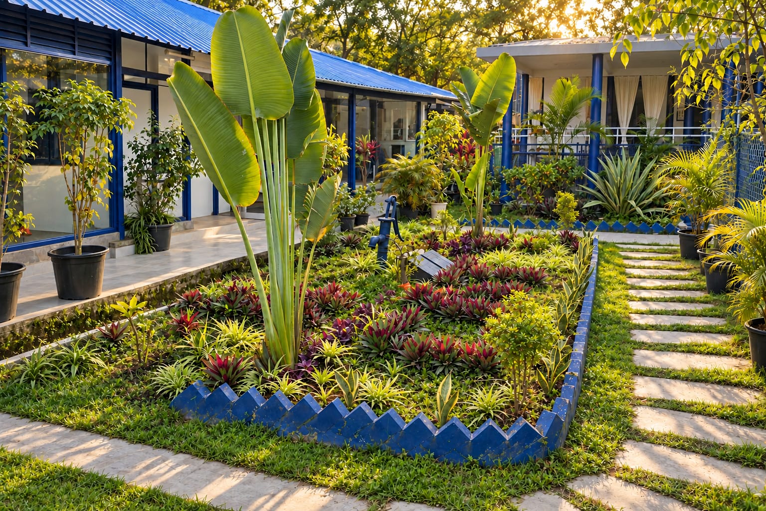 Stepping stones beside a planted bed edged with blue zigzag tiles, with the blue-framed buildings behind