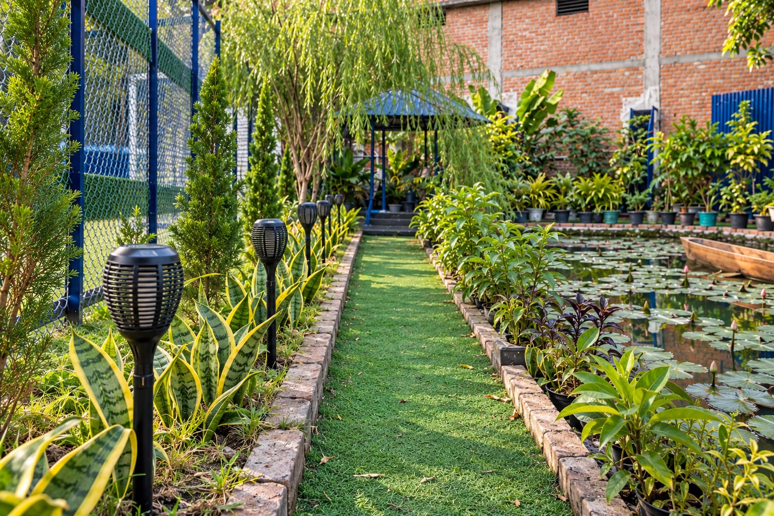 A narrow turf path between the lily pond and the fence, lined with solar lamps, under a willow