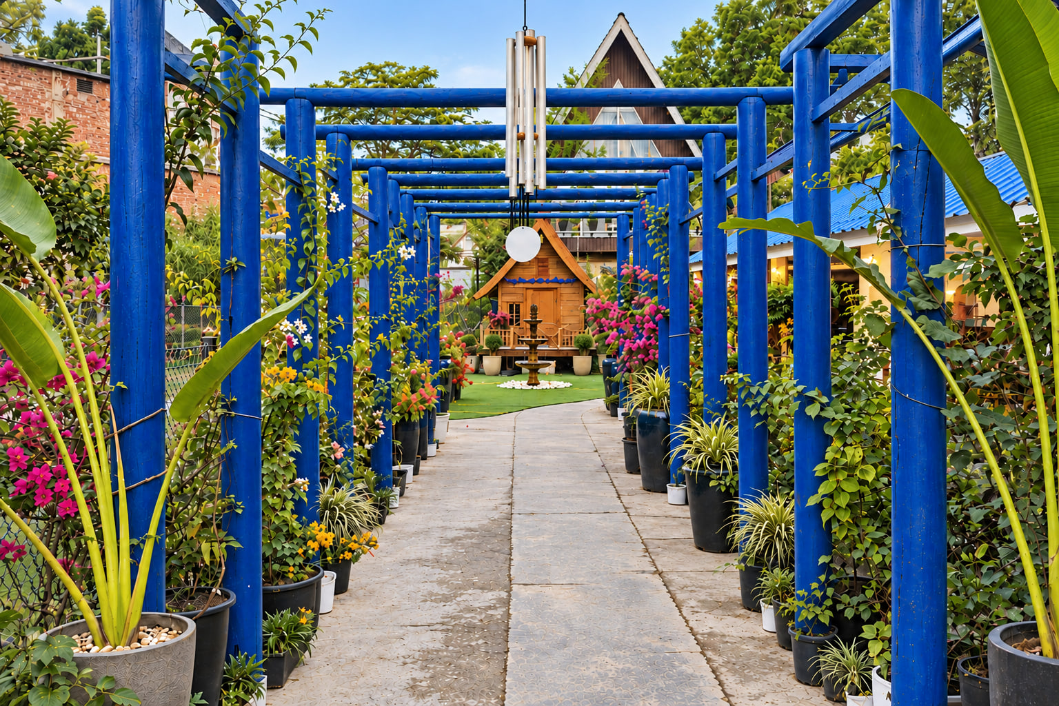 The long cobalt pergola walk, lined with potted plants and climbing flowers, leading to the timber cottage, the fountain and the A-frame